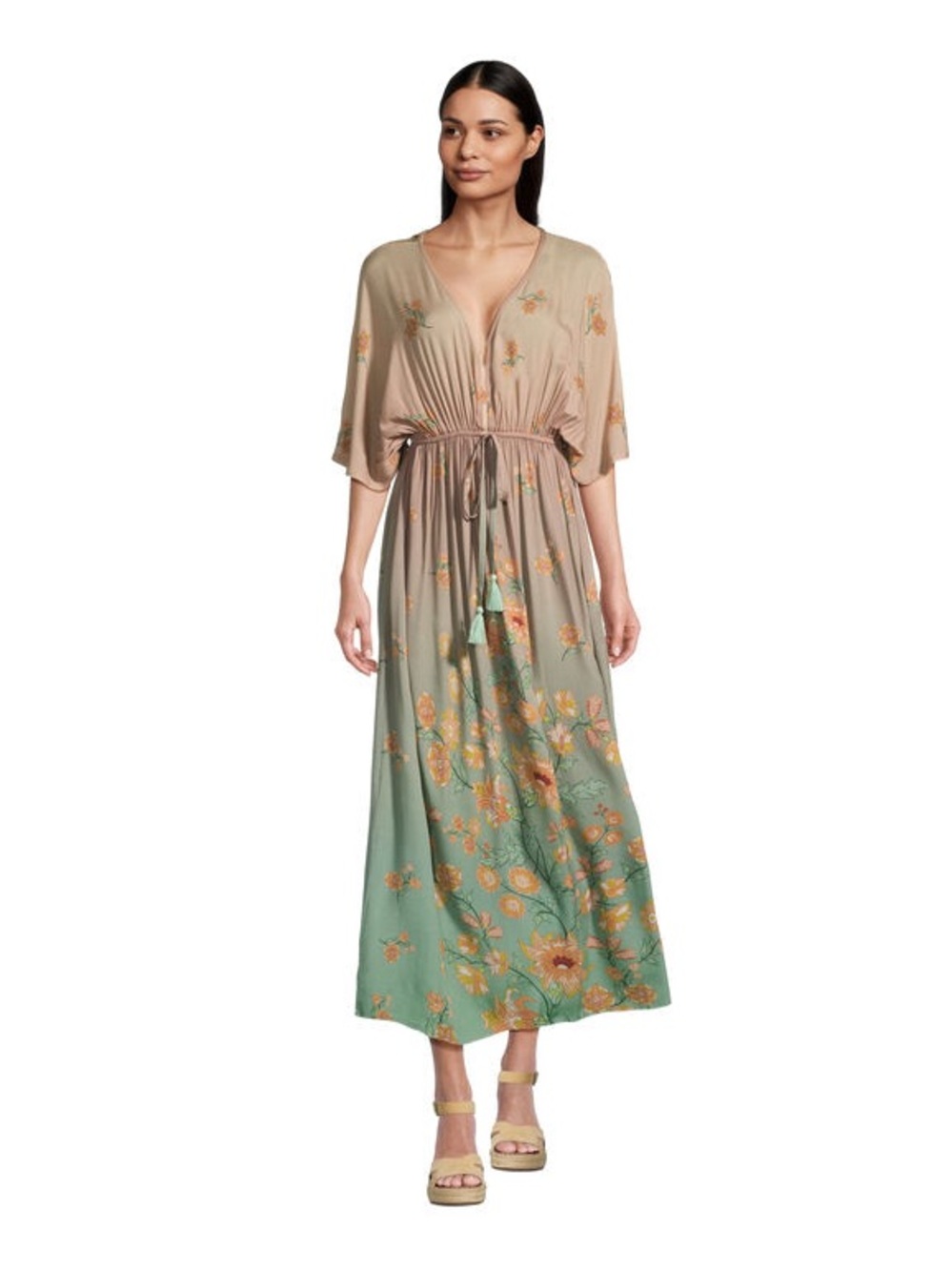 Mira Blush And Green Ombre Watercolor Floral Kaftan Dress
